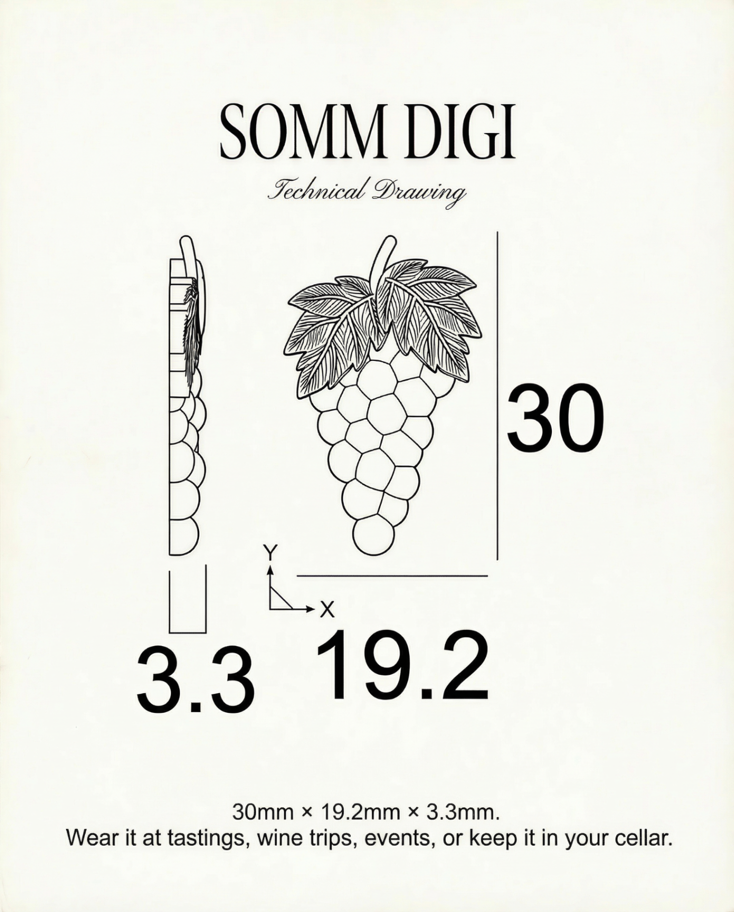 Technical drawing of sommelier pin showing 30mm x 19.2mm x 3.3mm dimensions for wine professionals