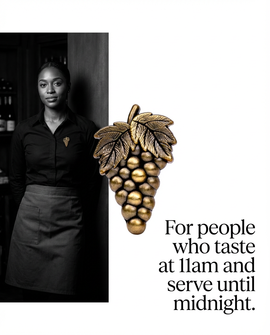 Professional sommelier wearing a sommelier pin during wine service
