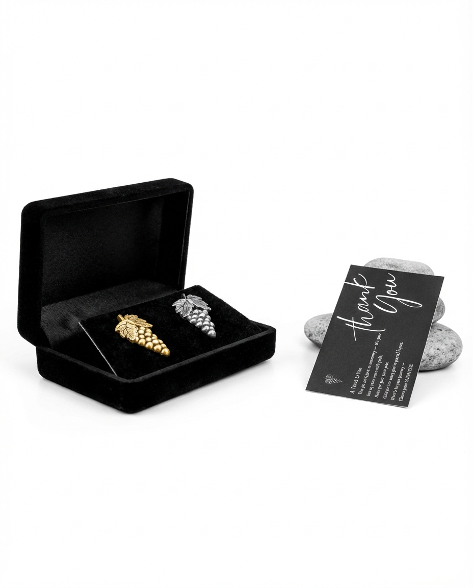 Velvet box with silver and gold sommelier pins for wine professional accessory storage